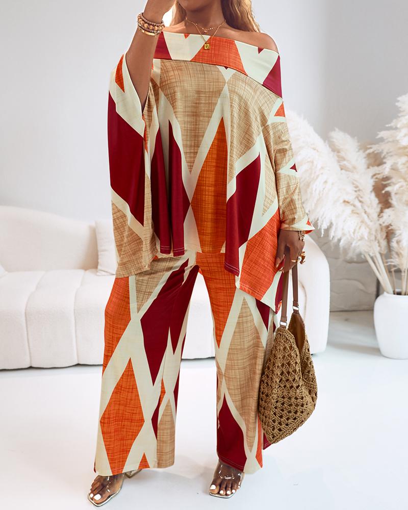 2 Pieces Outfit Abstract Print Cold Shoulder Batwing Sleeve Top and Casual Wide Leg Pants Set