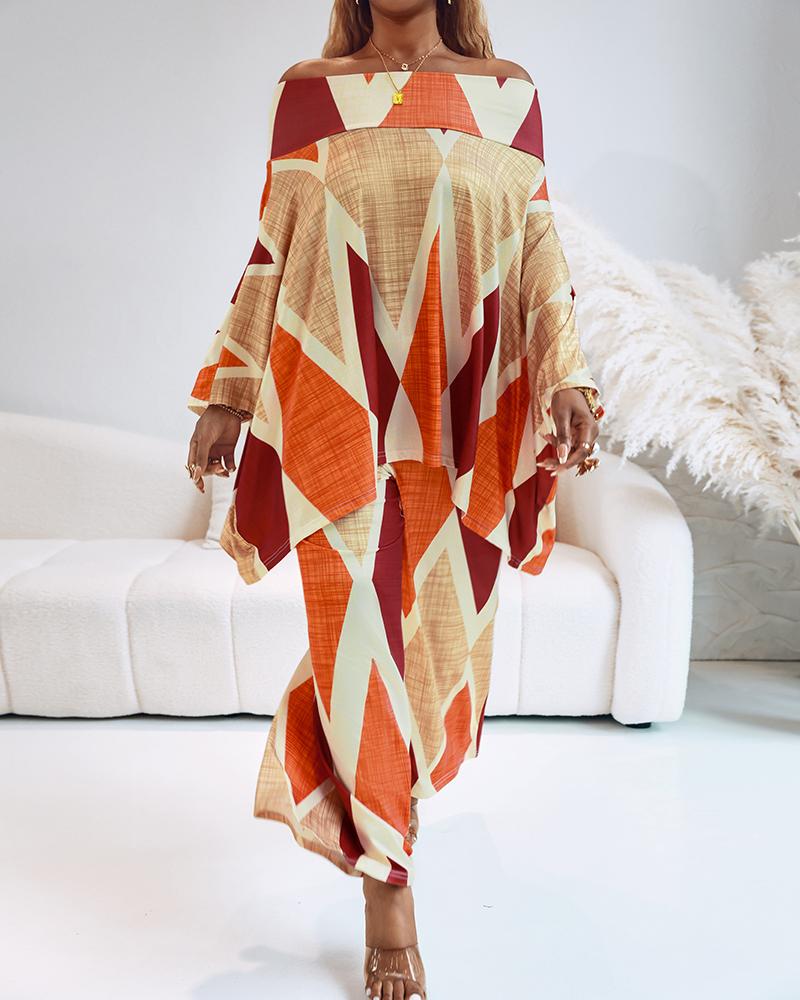 2 Pieces Outfit Abstract Print Cold Shoulder Batwing Sleeve Top and Casual Wide Leg Pants Set