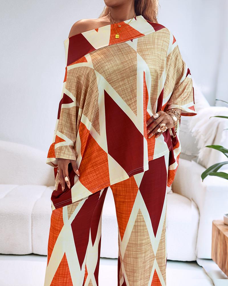 2 Pieces Outfit Abstract Print Cold Shoulder Batwing Sleeve Top and Casual Wide Leg Pants Set
