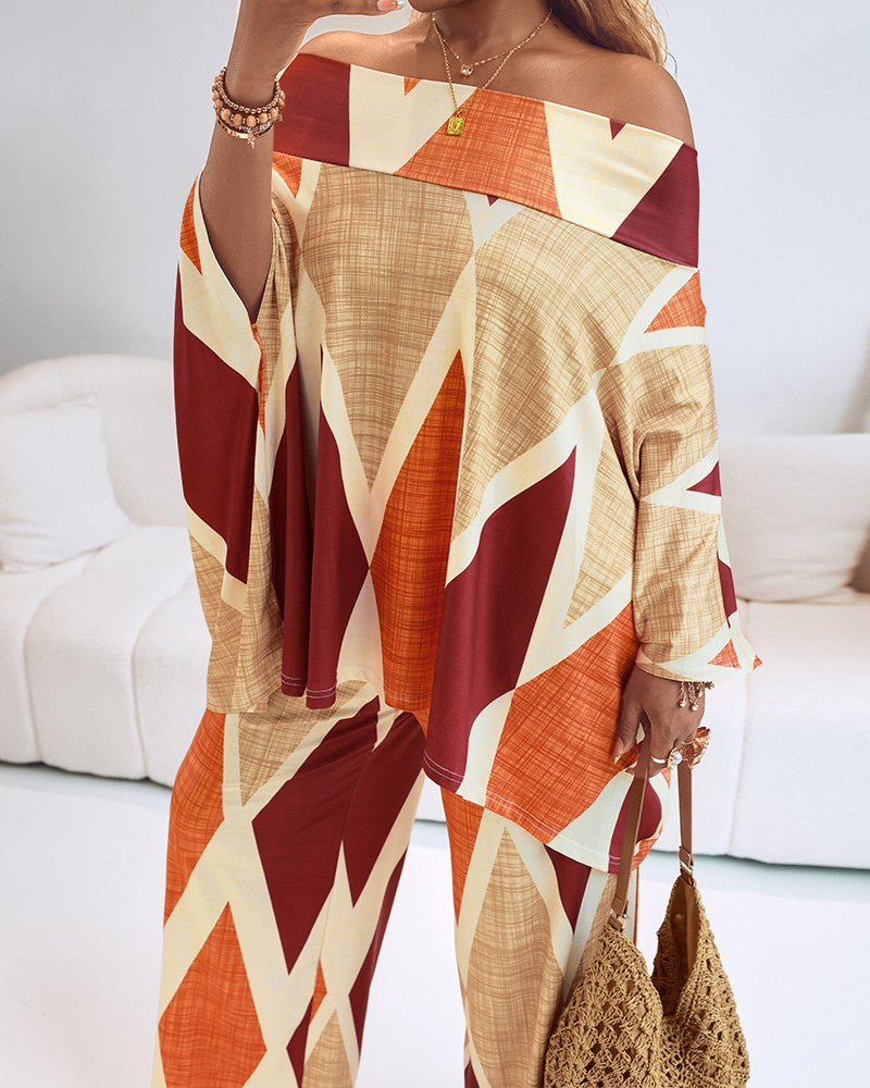 2 Pieces Outfit Abstract Print Cold Shoulder Batwing Sleeve Top and Casual Wide Leg Pants Set