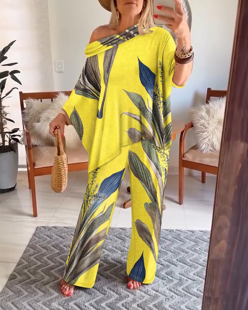 2 Pieces Outfit Plants Print Cold Shoulder Batwing Sleeve Top and Casual Wide Leg Pants Set