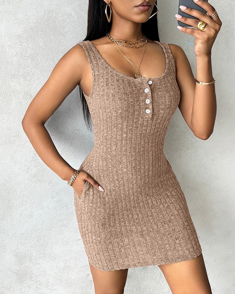 Pocket Design Ribbed Tank Dress Sleeveless Button Front Pullover Bodycon Mini Dresses