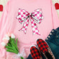 Pink Checkerboard Bow Graphic Round Neck Valentines Sweatshirt