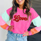 Rose Red Chenille Love Patched Colorblock Long Sleeve Crewneck Top