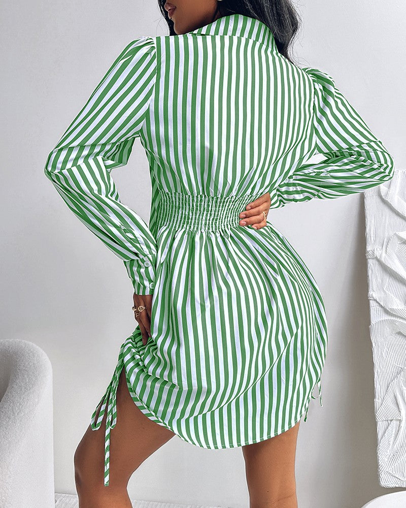 Striped Side Drawstring Buttoned Shirt Dress