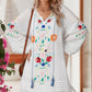 White Floral Print Boho Tassel Tie Split Neck Tucking Detail Puff Sleeve Mini Dress