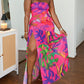 Tropical Floral Print Bandeau Maxi Dress Casual Sheer Mesh Patch Slit Dress