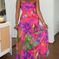 Tropical Floral Print Bandeau Maxi Dress Casual Sheer Mesh Patch Slit Dress