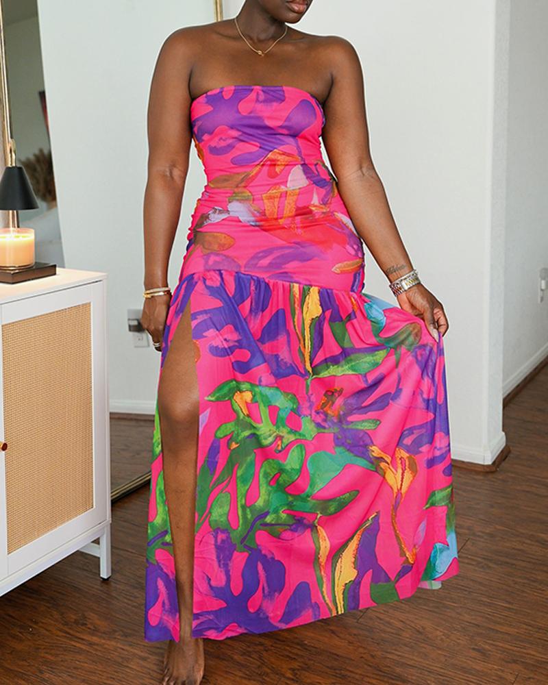 Tropical Floral Print Bandeau Maxi Dress Casual Sheer Mesh Patch Slit Dress
