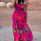 Tropical Floral Print Bandeau Maxi Dress Casual Sheer Mesh Patch Slit Dress