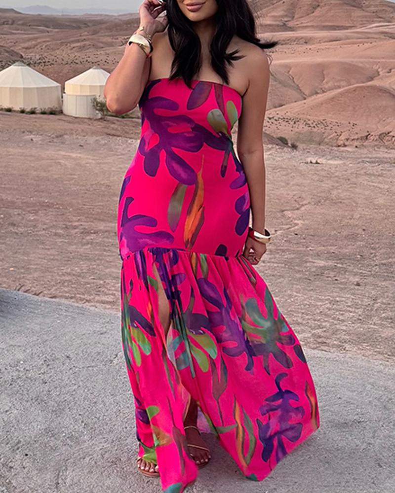 Tropical Floral Print Bandeau Maxi Dress Casual Sheer Mesh Patch Slit Dress