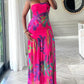 Tropical Floral Print Bandeau Maxi Dress Casual Sheer Mesh Patch Slit Dress