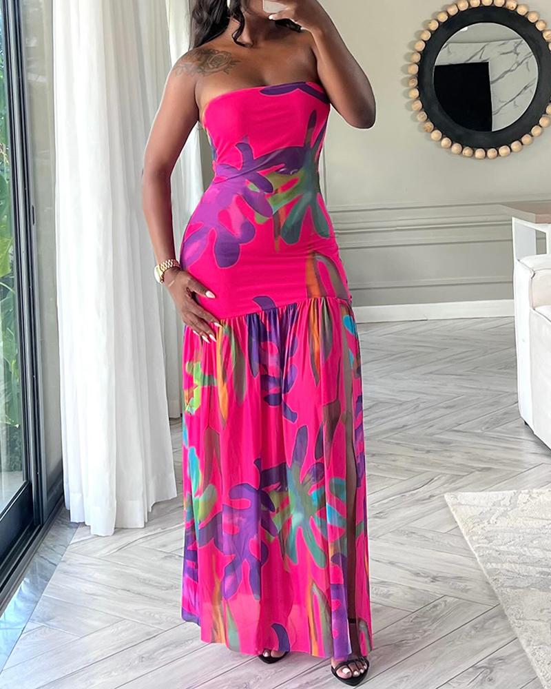 Tropical Floral Print Bandeau Maxi Dress Casual Sheer Mesh Patch Slit Dress