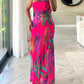 Tropical Floral Print Bandeau Maxi Dress Casual Sheer Mesh Patch Slit Dress