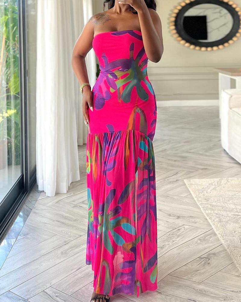 Tropical Floral Print Bandeau Maxi Dress Casual Sheer Mesh Patch Slit Dress