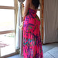 Tropical Floral Print Bandeau Maxi Dress Casual Sheer Mesh Patch Slit Dress