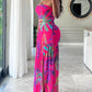 Tropical Floral Print Bandeau Maxi Dress Casual Sheer Mesh Patch Slit Dress