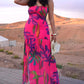 Tropical Floral Print Bandeau Maxi Dress Casual Sheer Mesh Patch Slit Dress