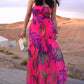 Tropical Floral Print Bandeau Maxi Dress Casual Sheer Mesh Patch Slit Dress