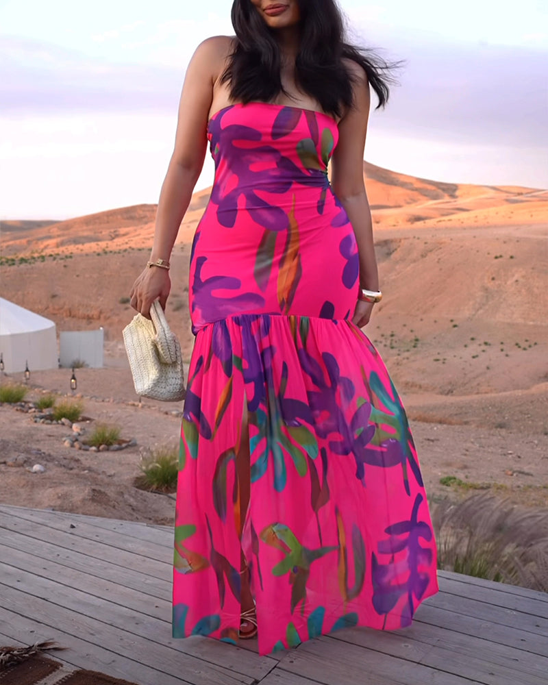 Tropical Floral Print Bandeau Maxi Dress Casual Sheer Mesh Patch Slit Dress