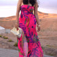 Tropical Floral Print Bandeau Maxi Dress Casual Sheer Mesh Patch Slit Dress