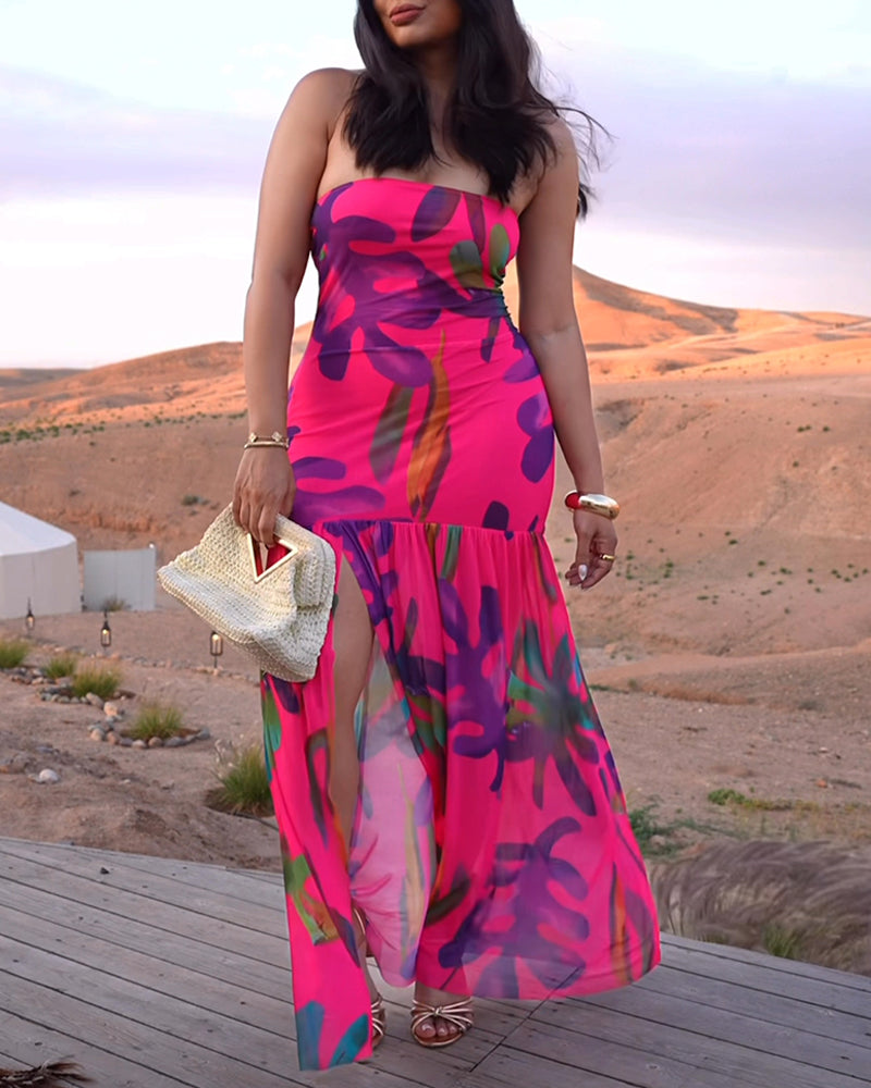 Tropical Floral Print Bandeau Maxi Dress Casual Sheer Mesh Patch Slit Dress