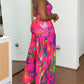 Tropical Floral Print Bandeau Maxi Dress Casual Sheer Mesh Patch Slit Dress