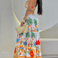 Tropical Print Striped Ruched V Neck Maxi Dress