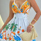 Tropical Print Striped Ruched V Neck Maxi Dress