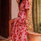 Red Paisley Print Side Slit Puff Sleeve High Waist Maxi Dress