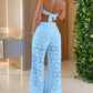Bandeau Eyelet Embroidery Tied Detail Overalls Casual Cutout Jumpsuit(With Lining)