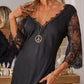 Contrast Lace V Neck Half Sleeve Satin Dress Sexy Slim Fit Maxi Dress