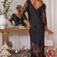 Contrast Lace V Neck Half Sleeve Satin Dress Sexy Slim Fit Maxi Dress