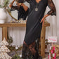 Contrast Lace V Neck Half Sleeve Satin Dress Sexy Slim Fit Maxi Dress