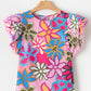 Multicolor Vibrant Floral Print Trimmed Ruffle Sleeve Blouse