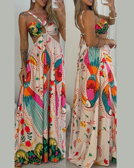 Tropical Floral and Toucan Print Hollow out Detail Halterneck Maxi Dress Vocation Dress