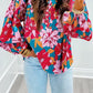 Red Floral Printed Balloon Sleeve Half Buttons Blouse