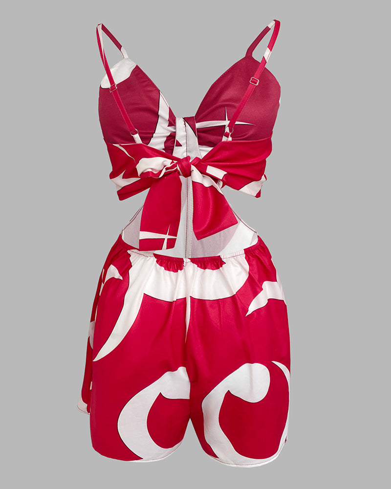 Floral Print Bowknot Decor Spaghetti Strap Skort Romper Casual Hollow out Slim Fit Jumpsuit