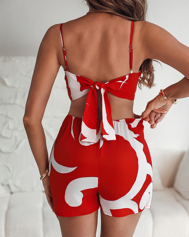 Floral Print Bowknot Decor Spaghetti Strap Skort Romper Casual Hollow out Slim Fit Jumpsuit