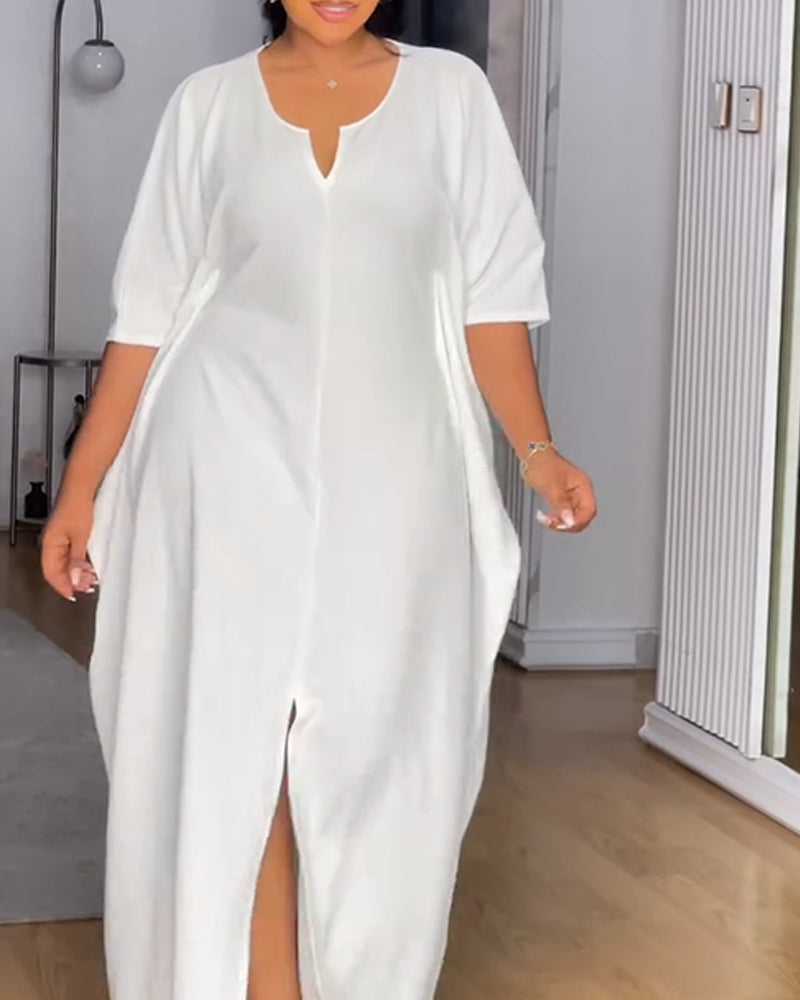 V Neck Half Sleeve Front Slit Maxi Dress Casual Loose Fit Vacation Dress