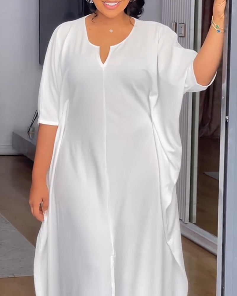 V Neck Half Sleeve Front Slit Maxi Dress Casual Loose Fit Vacation Dress