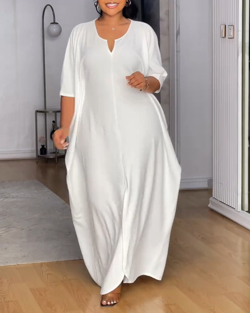 V Neck Half Sleeve Front Slit Maxi Dress Casual Loose Fit Vacation Dress