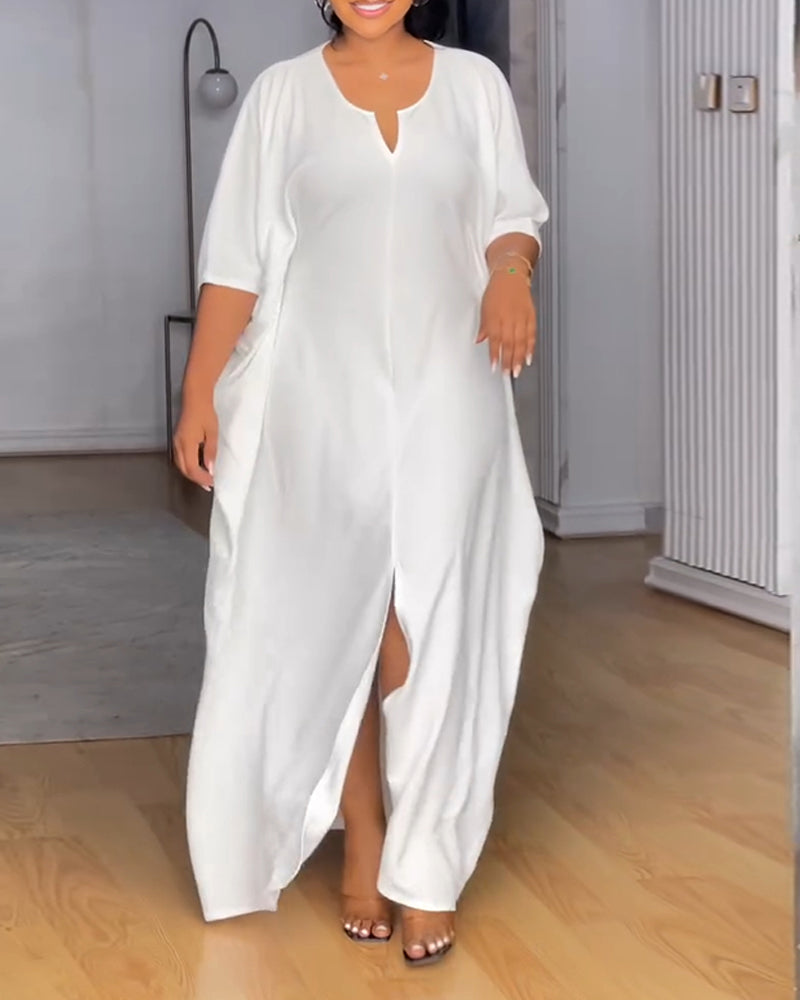 V Neck Half Sleeve Front Slit Maxi Dress Casual Loose Fit Vacation Dress