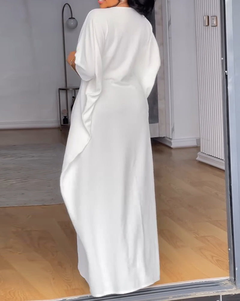 V Neck Half Sleeve Front Slit Maxi Dress Casual Loose Fit Vacation Dress