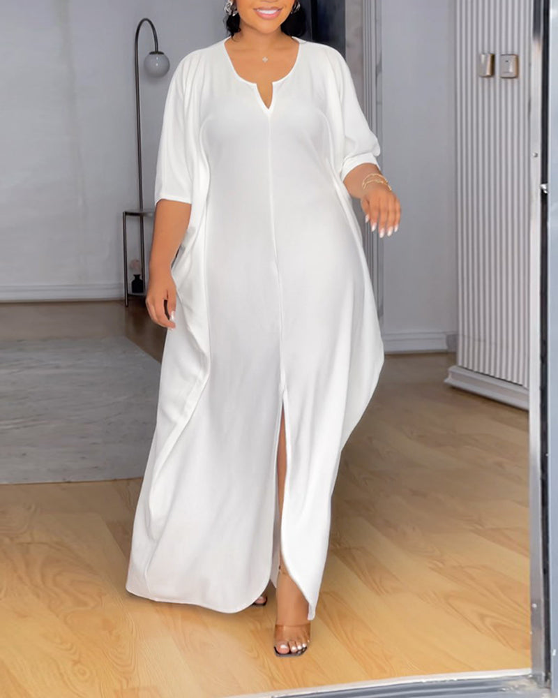 V Neck Half Sleeve Front Slit Maxi Dress Casual Loose Fit Vacation Dress