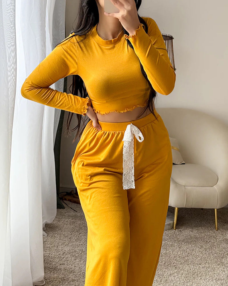 2 Pieces outfit Frill Hem Long Sleeve Crop Top and Casual Lace Tied Detail Pants Set