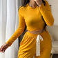 2 Pieces outfit Frill Hem Long Sleeve Crop Top and Casual Lace Tied Detail Pants Set