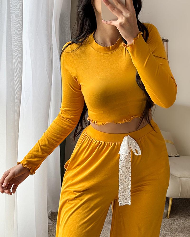 2 Pieces outfit Frill Hem Long Sleeve Crop Top and Casual Lace Tied Detail Pants Set