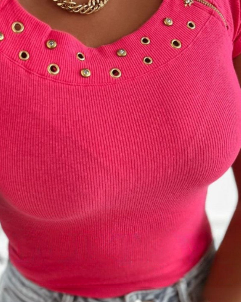 Off the Shoulder Short Sleeve Zipper Ribbed Top Casual Hollow Out Slim Fit T Shirt