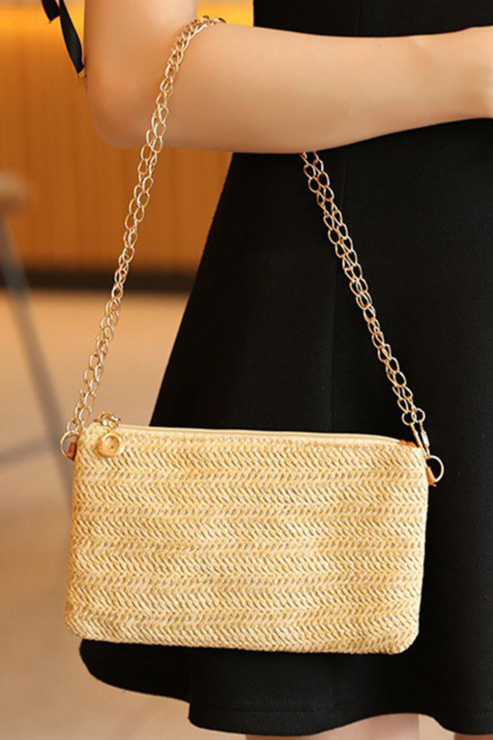 Oatmeal Straw Woven Zipper Chain Shoulder Bag